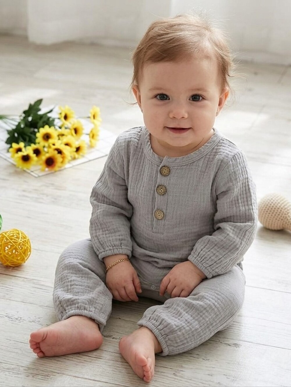 Baby Boy Girl Cotton Gauze Romper Long Sleeve Button One-Piece Jumpsuit 3-6M